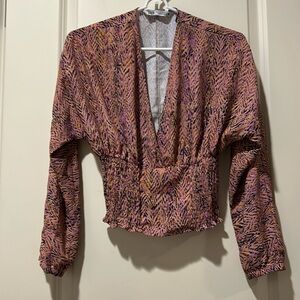 Zara womens deep V neck elastic trim print crop top blouse long sleeves size XS